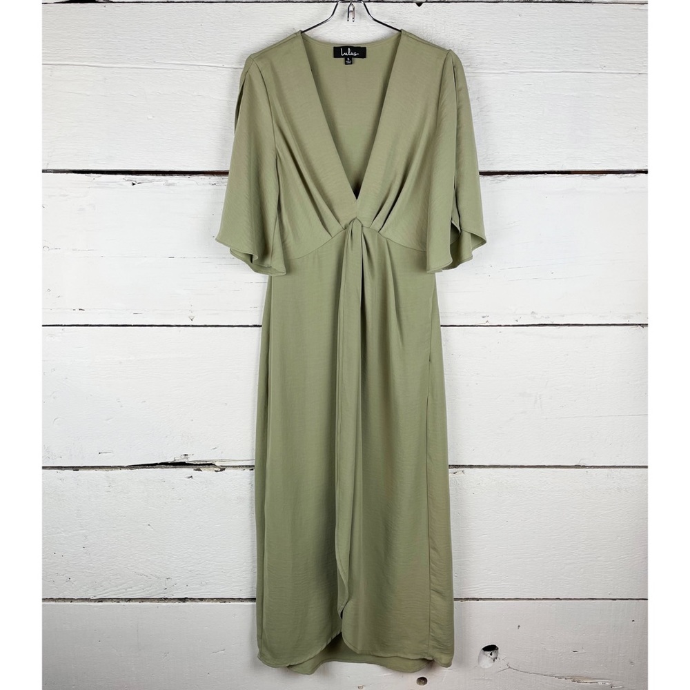 Lulus green olive dress midi v neck sleeve
